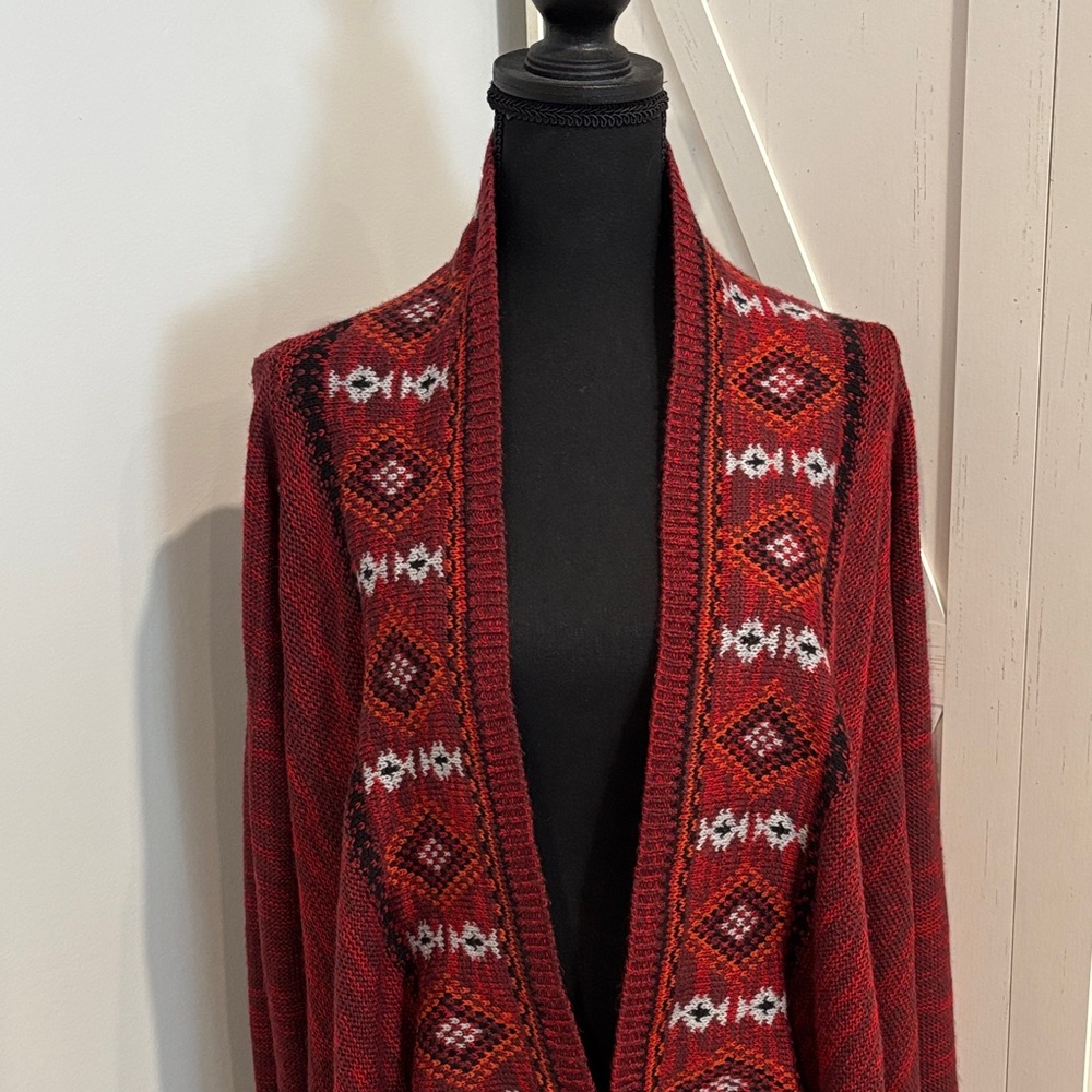 Boho Maurices Burgundy and Black Fringe Cardigan - Picture 8 of 12